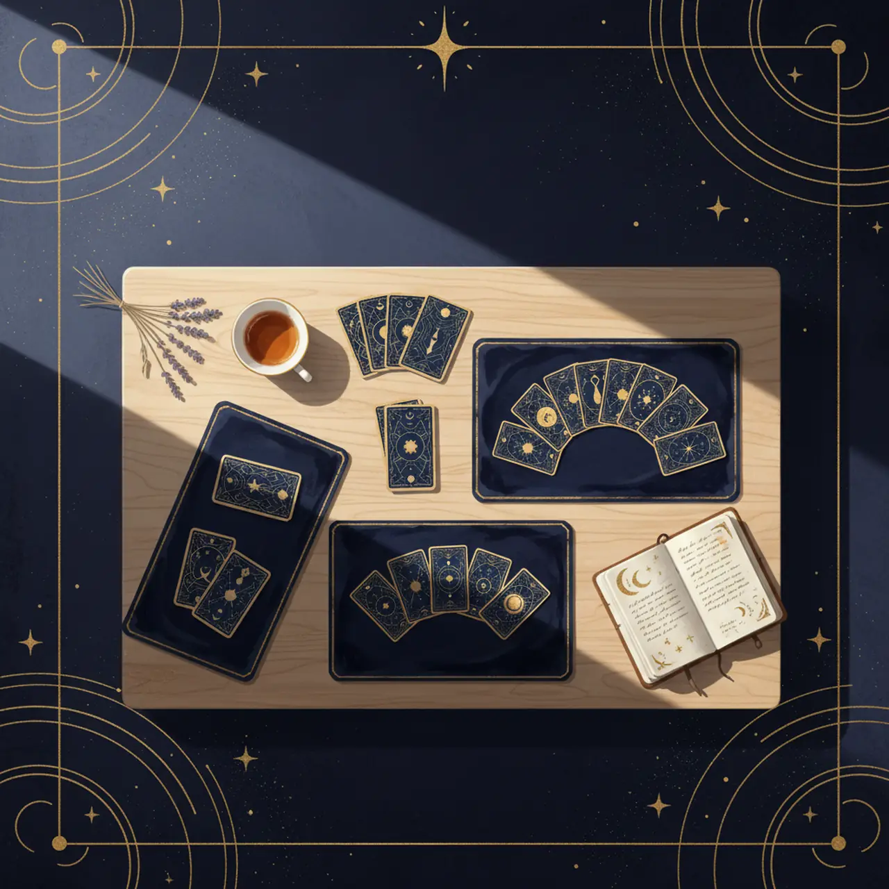 Mesa de madera con diferentes disposiciones de cartas de tarot organizadas para su lectura junto a un cuaderno de notas y luz natural.