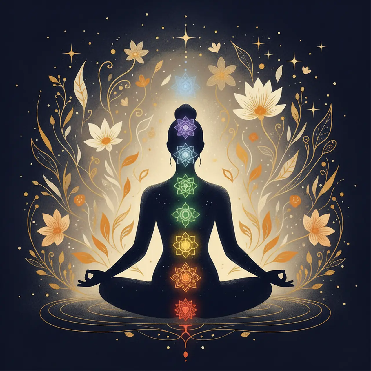 Minimalist graphic showing seven glowing energy centres along the human spine