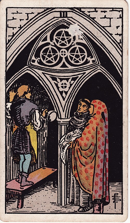 Three of Pentacles tarot card, Rider–Waite–Smith deck