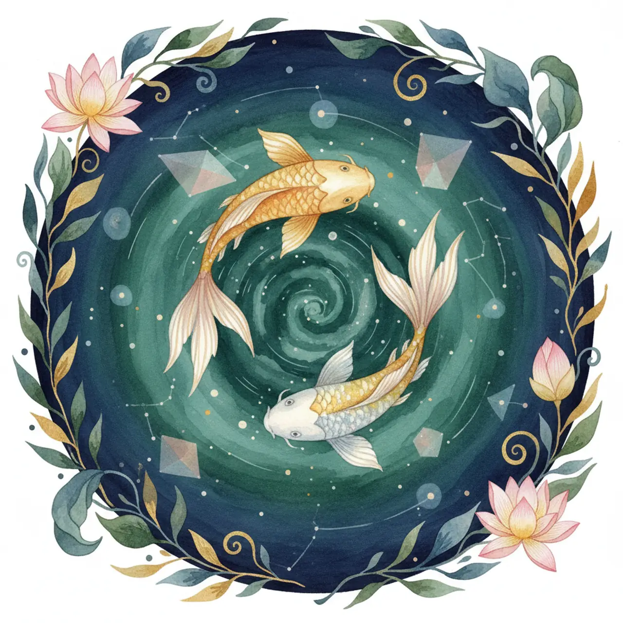Künstlerische Illustration zweier im Kreis schwimmender Fische im tiefblauen Ozean unter sanften Himmelslichtern