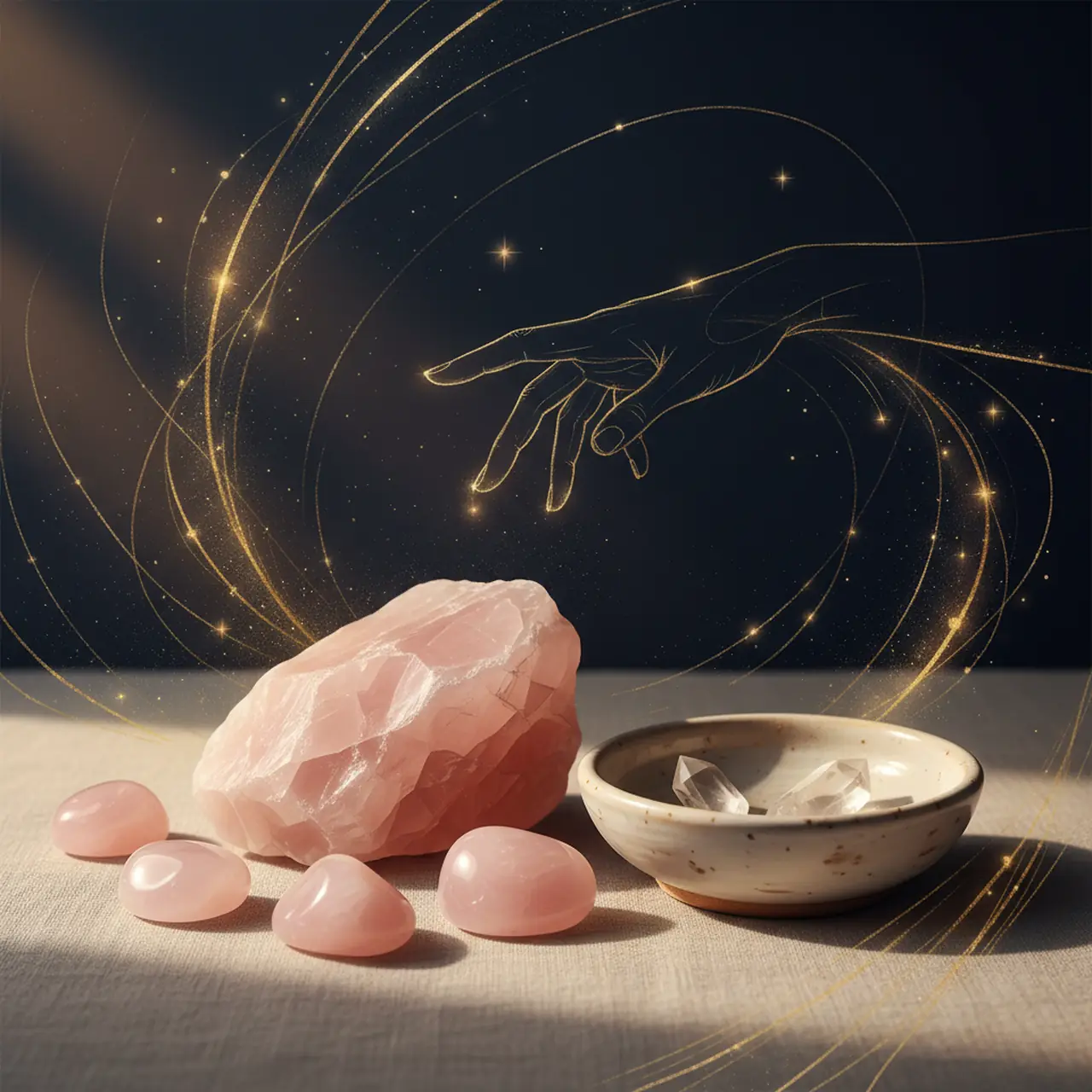 Rough and polished rose quartz stones resting beside a minimalist ceramic bowl in natural daylight.