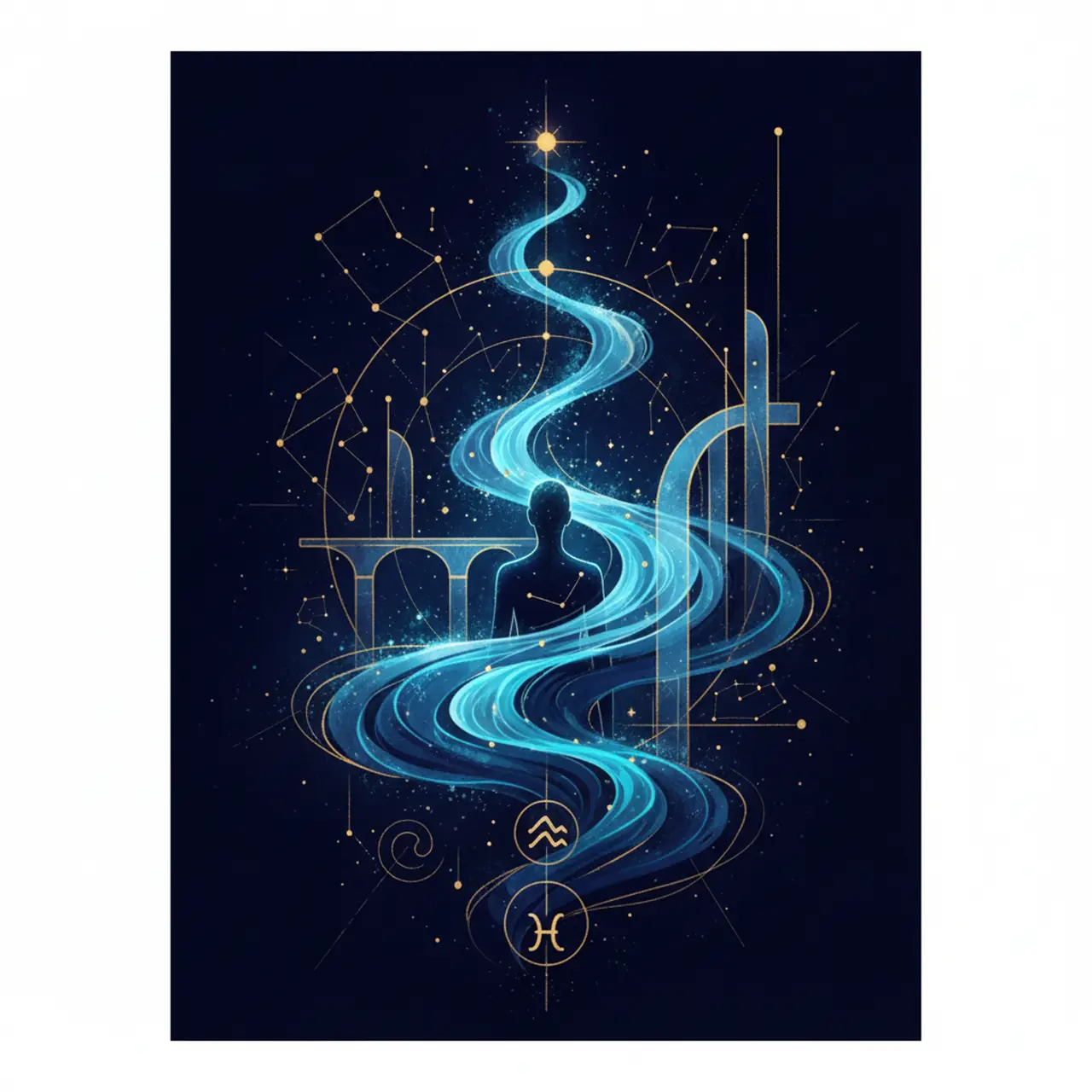 水瓶座象征艺术插画，展现出几何星轨与流动光波交织的理性与人本意象
