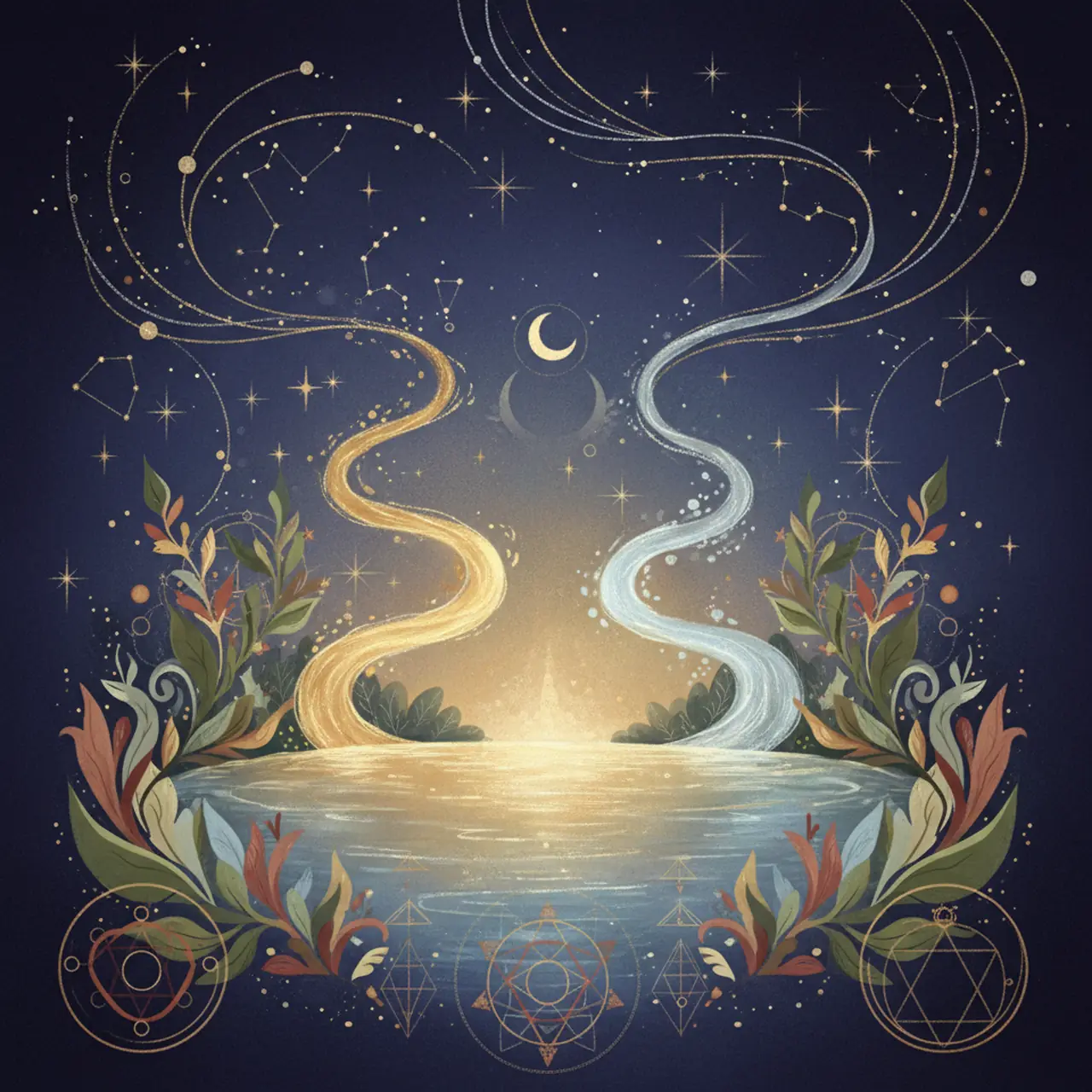 Ilustração serena com duas correntes de água se unindo harmoniosamente entre elementos botânicos suaves.