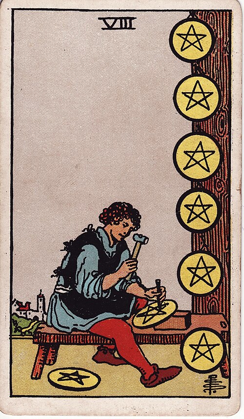 Eight of Pentacles tarot card, Rider–Waite–Smith deck