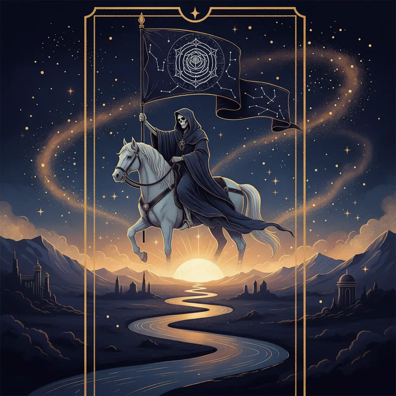 Illustration allégorique de la carte de tarot de la Mort avec une aube lumineuse à l'horizon