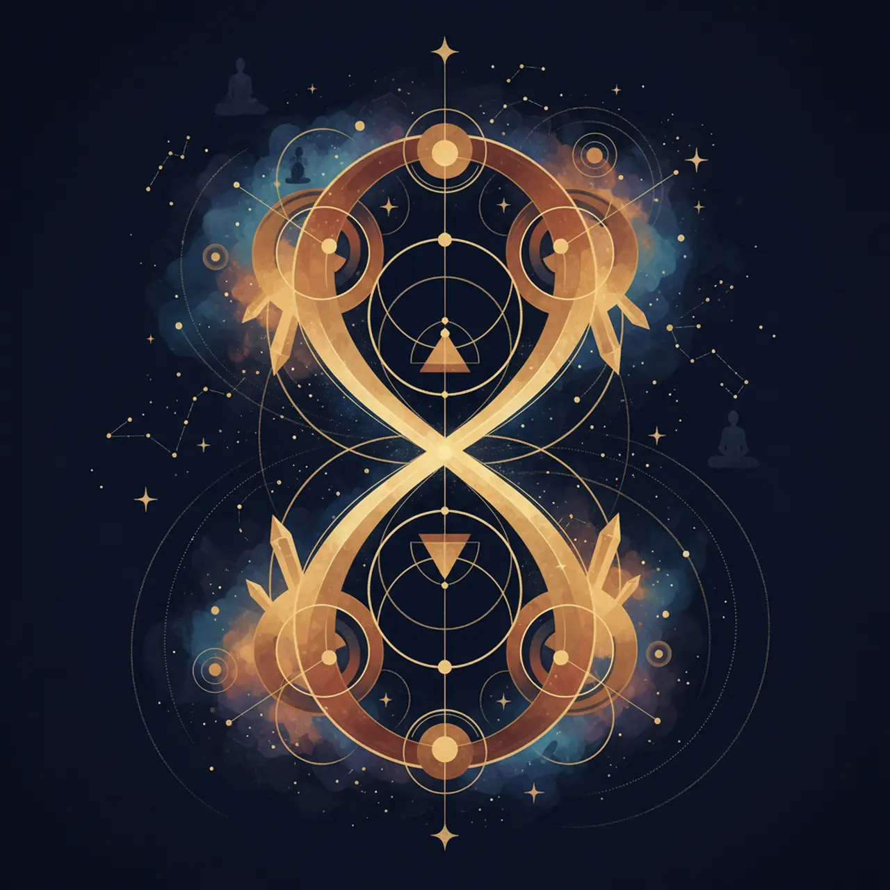 Simbolo dell'infinito e del numero 8 intrecciato con linee architettoniche dorate e tonalità calde