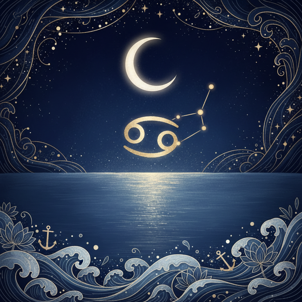 Artistic depiction of the Cancer constellation and crescent moon reflecting over nocturnal coastal waters