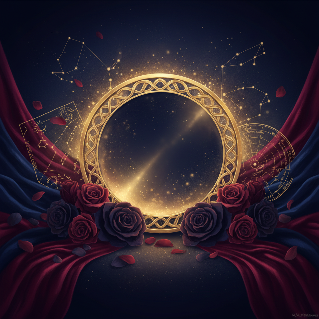 A reflective golden mirror surrounded by deep autumn blooms and celestial motifs representing the Venus retrograde transit.