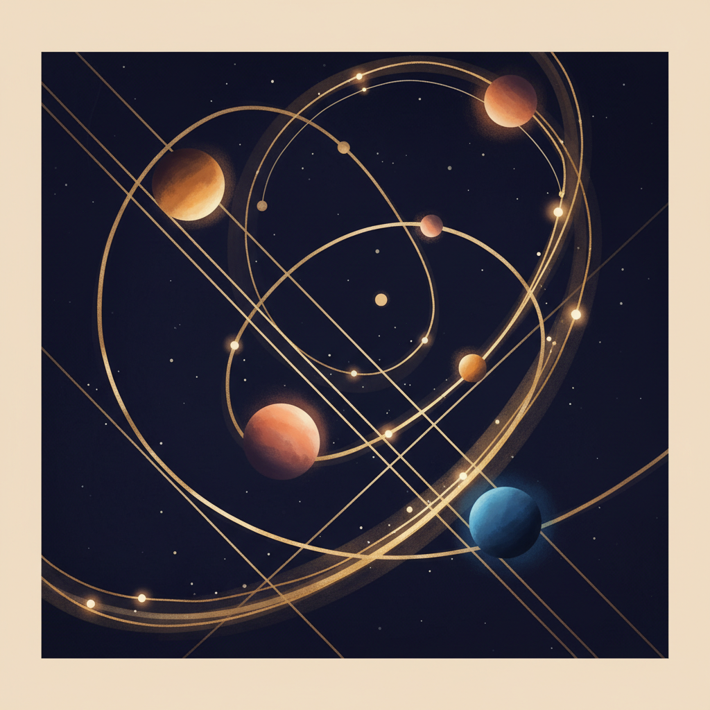 Ilustración astronómica y simbólica de órbitas planetarias en tonos ocres y azul noche.