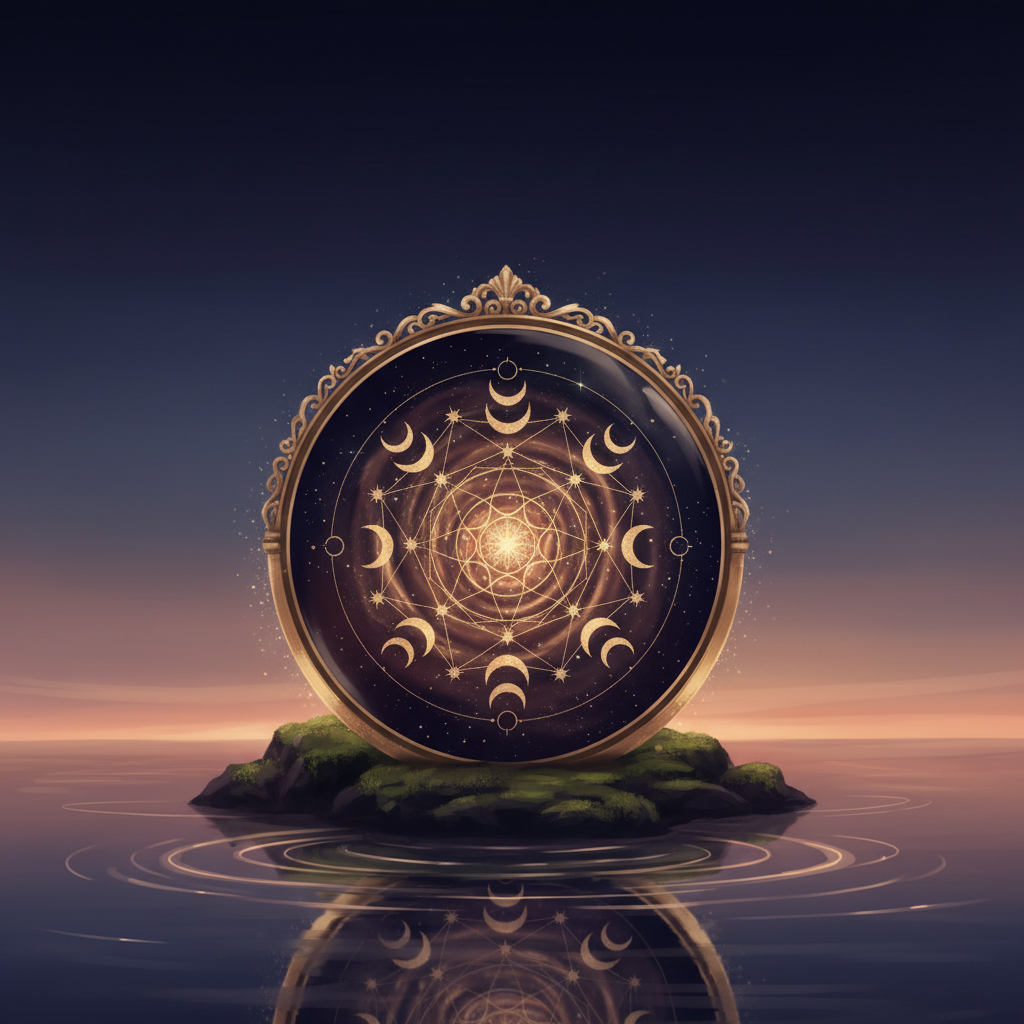 Ilustración simbólica de un espejo y geometrías astrales en tonos ciruela y rosa que representan la introspección afectiva de Venus