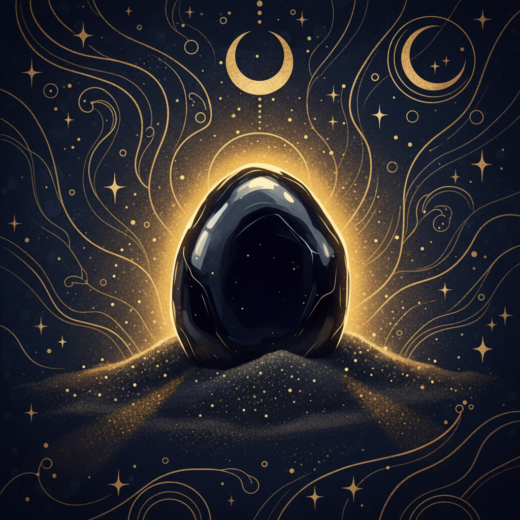 Morceau d'obsidienne noire polie aux reflets profonds posé sur du sable volcanique