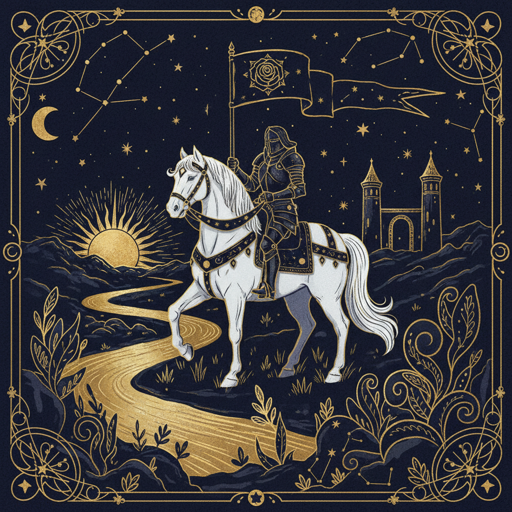 Ilustração contemporânea e artística da carta A Morte do Tarot, exibindo o cavaleiro de armadura, o sol nascente entre torres distantes e a rosa mística.